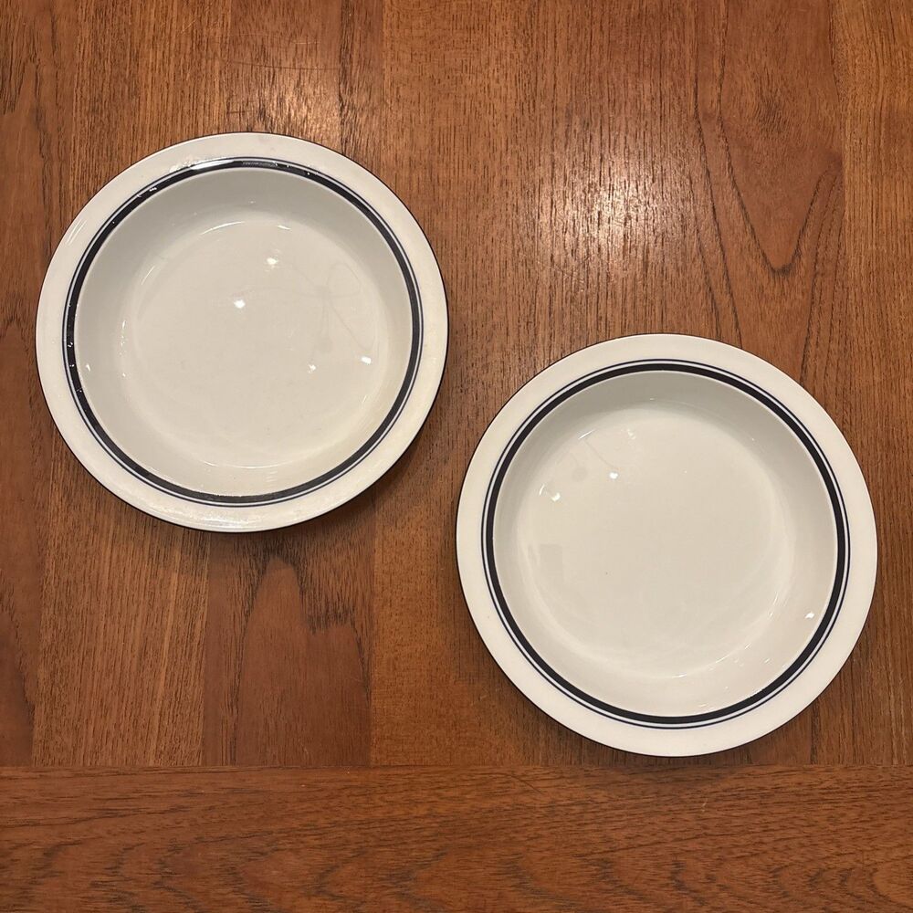 2 Dansk Bistro Christianshavn White Blue Stripe Rim Pasta Soup Bowls 8” Portugal
